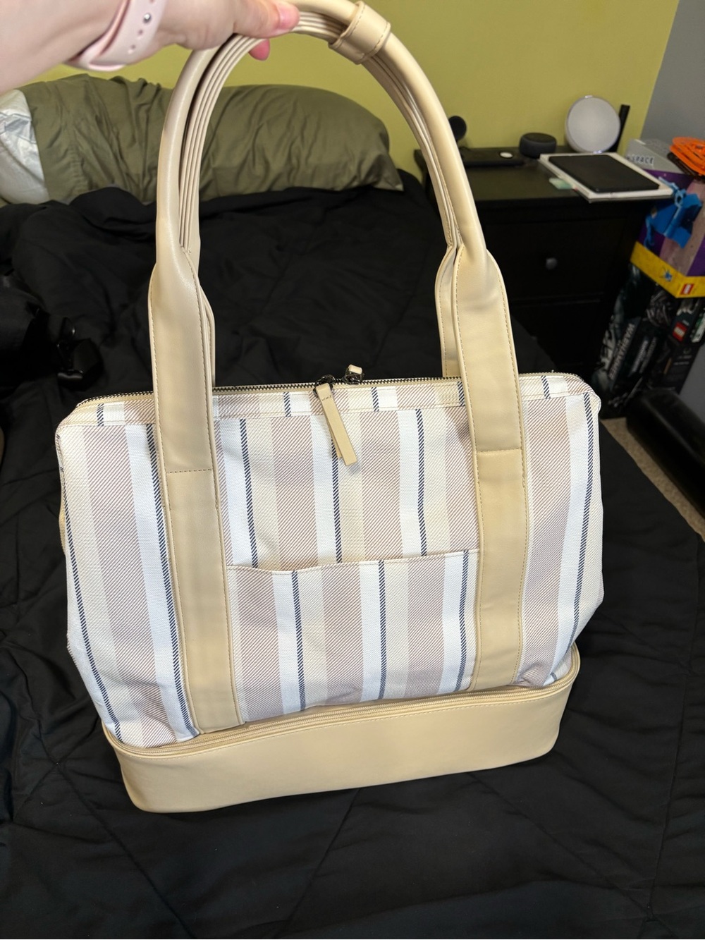 Beige Striped Tote Bag with Bottom Compartment